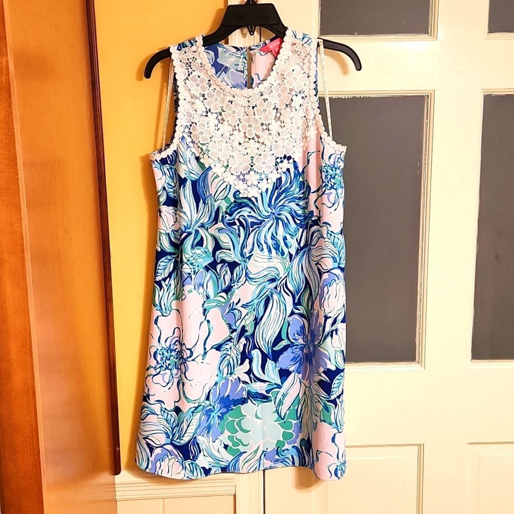 Lilly Pulitzer Nala Thyme Floral Lace Blue & Green Shift Dress Size 8